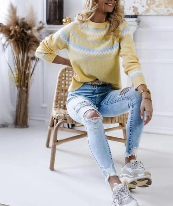 Gelber Zickzack-Strickpullover für Damen