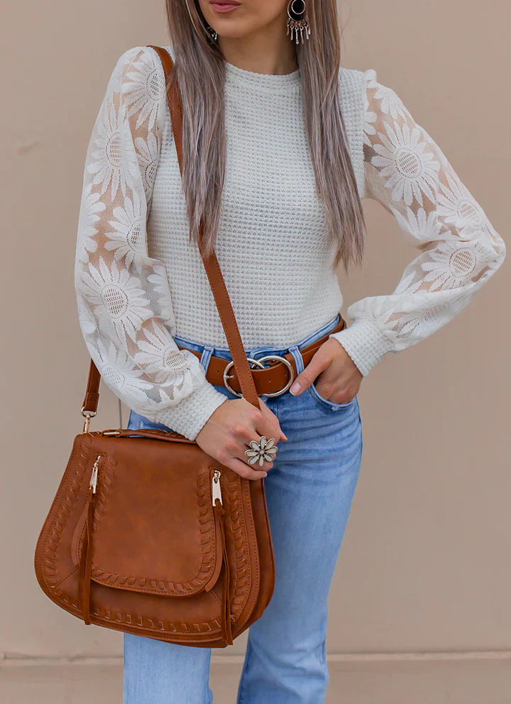 Spitzen-Top mit Strickmuster | Florale Ärmel | Elegante Leichtigkeit