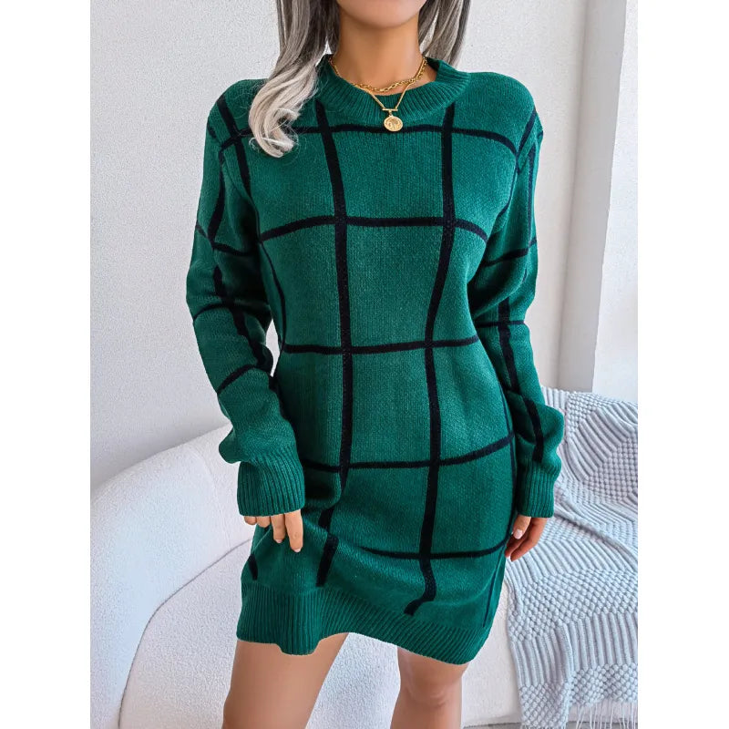 Gestricktes kariertes Midikleid für Damen