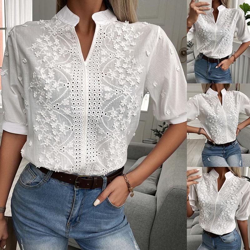 Angetrude® | Damen-Spitzenbluse mit hohem Ausschnitt und V-Ausschnitt