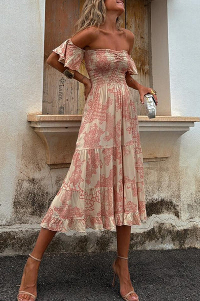 Midikleid mit Schulterausschnitten und romantischem Druck – Pitaya