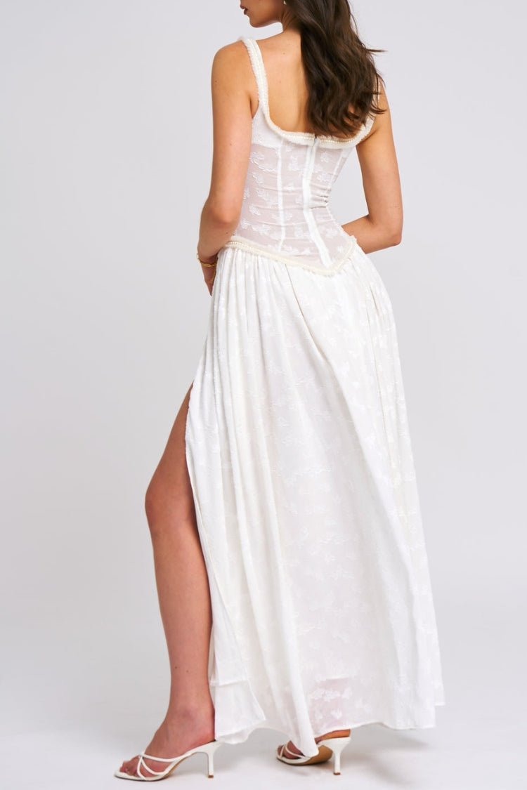 Ulissa – Weiches grünes Jacquard-Maxikleid mit hohem Schlitz und quadratischem Ausschnitt