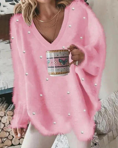 Flauschiges Langarmpullover mit Perlen für Damen