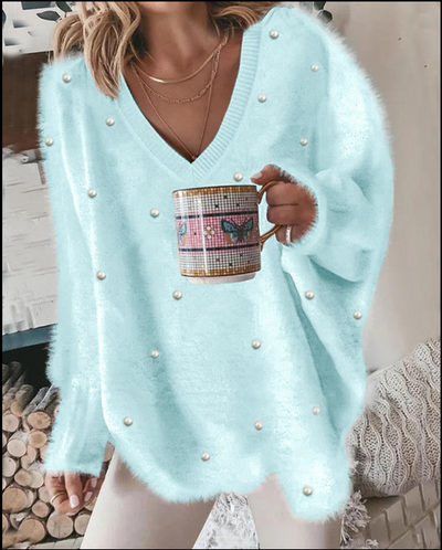 Flauschiges Langarmpullover mit Perlen für Damen