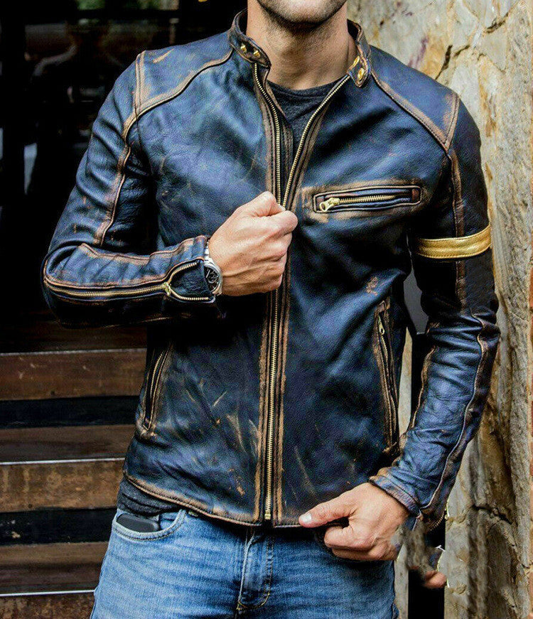 Vintage Leder Bikerjacke mit Reißverschluss für Herren