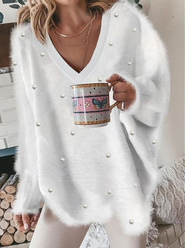 Flauschiges Langarmpullover mit Perlen für Damen