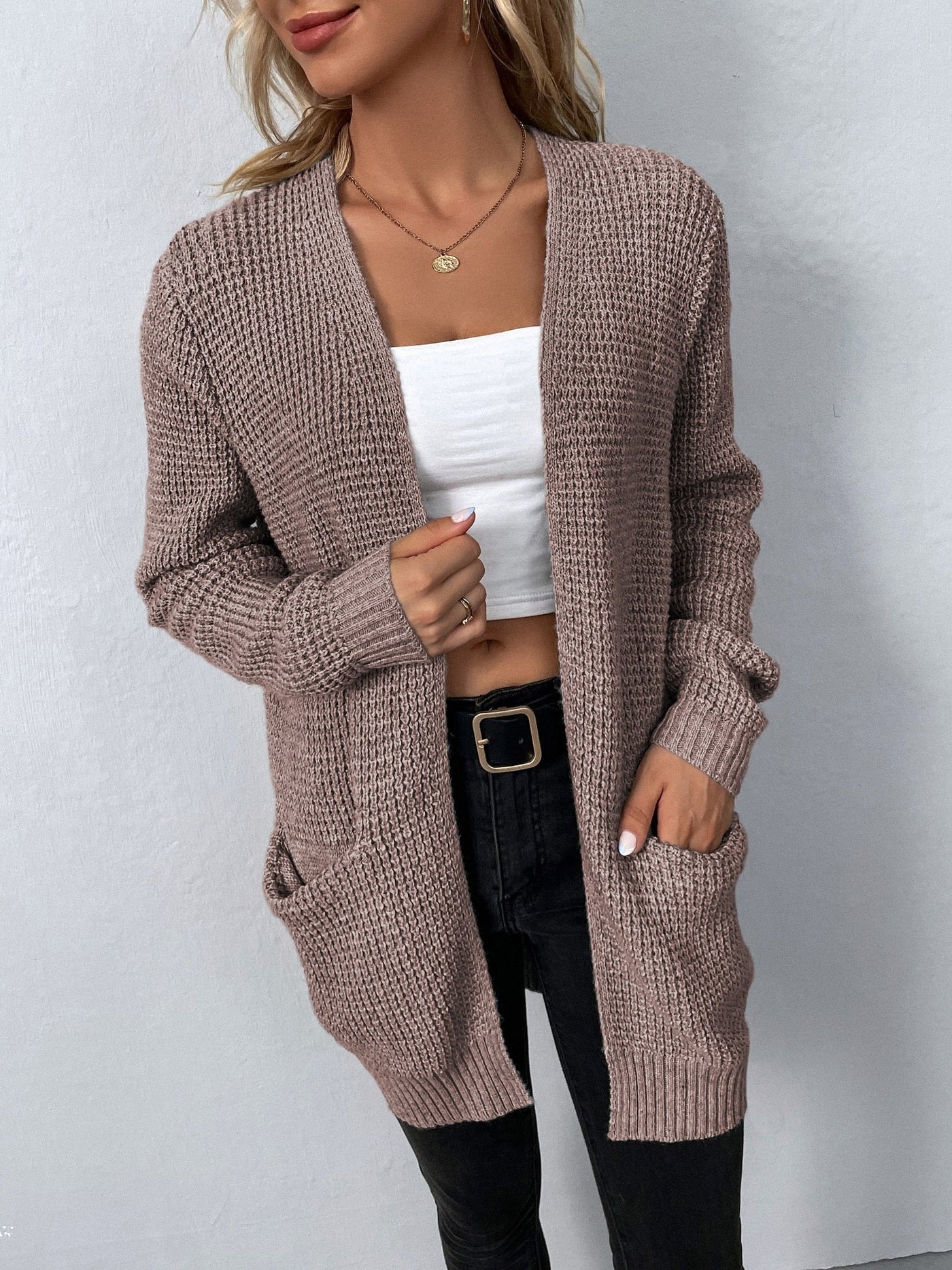 Lange Strickjacke mit Taschen für Frauen