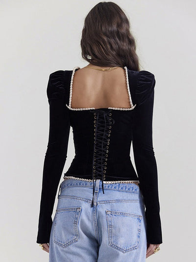 Asela® | Bezaubernde Bluse mit quadratischem Ausschnitt und Samt-Finish