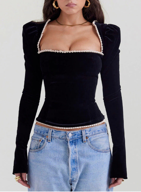 Asela® | Bezaubernde Bluse mit quadratischem Ausschnitt und Samt-Finish