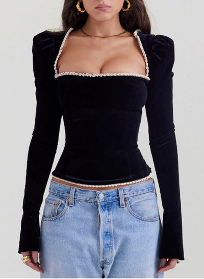 Asela® | Bezaubernde Bluse mit quadratischem Ausschnitt und Samt-Finish