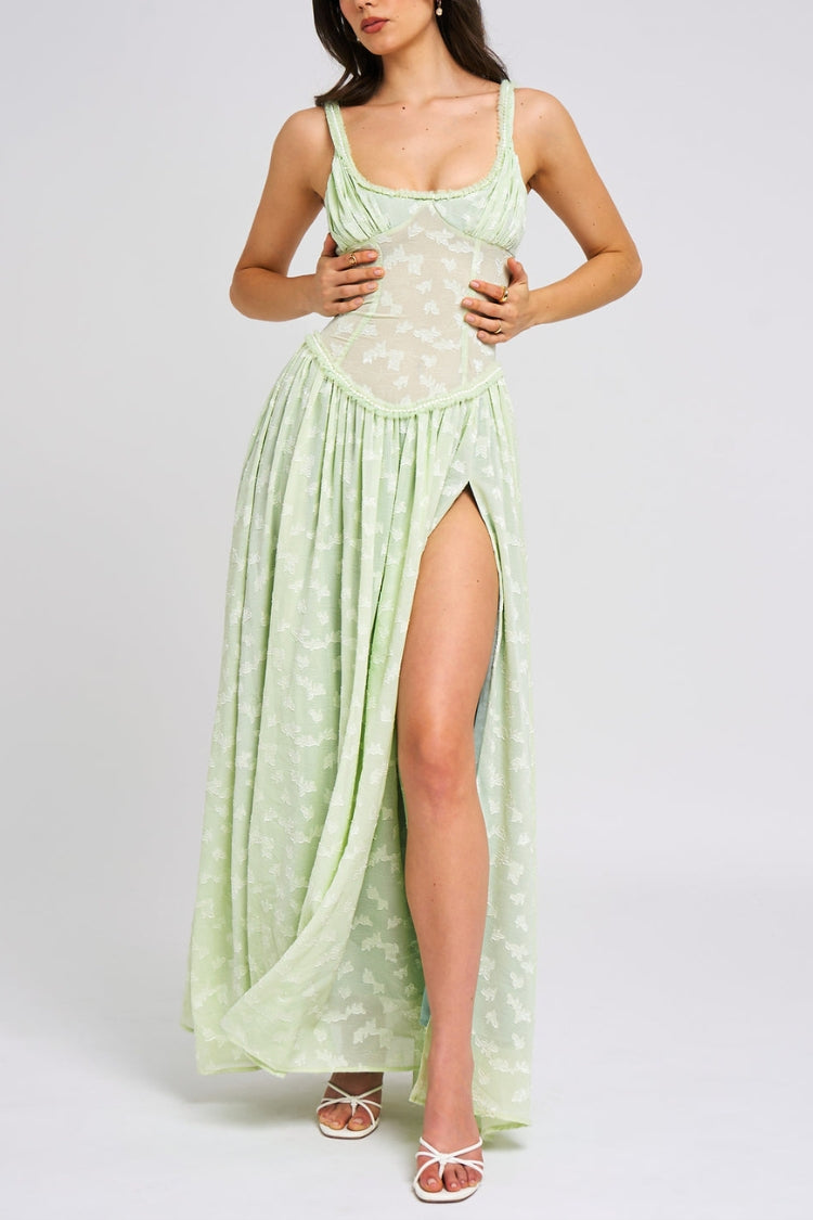 Ulissa – Weiches grünes Jacquard-Maxikleid mit hohem Schlitz und quadratischem Ausschnitt