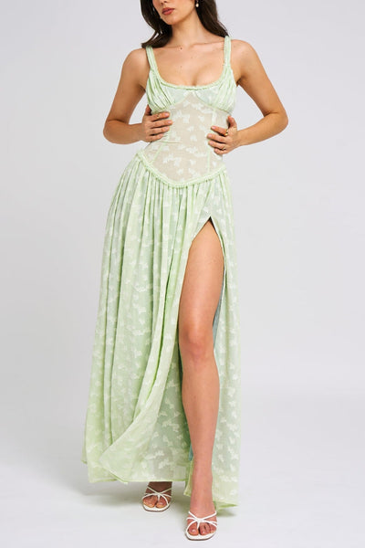 Ulissa – Weiches grünes Jacquard-Maxikleid mit hohem Schlitz und quadratischem Ausschnitt