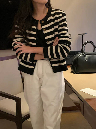 Petit Blue Cardigan | Gestreifte elegante Sommer-Strickjacke mit langen Ärmeln