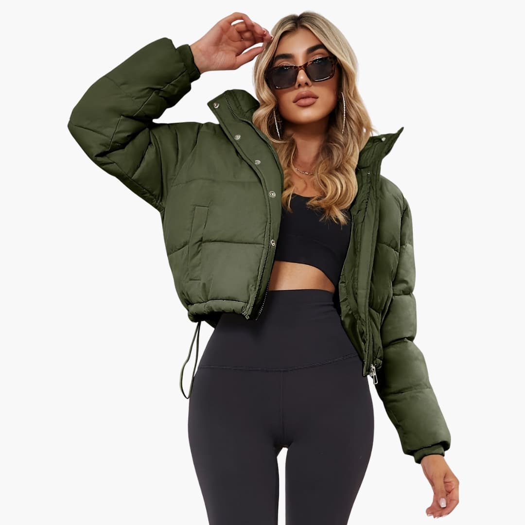 Damenkurze Jacke mit Kapuze und Reißverschluss