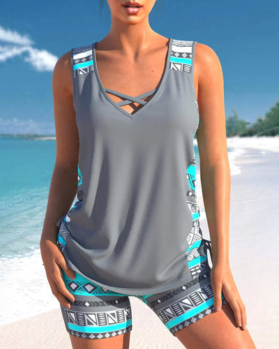 Tankini-Set mit Musterdetails | Überkreuzter V-Ausschnitt | Figurumschmeichelnd