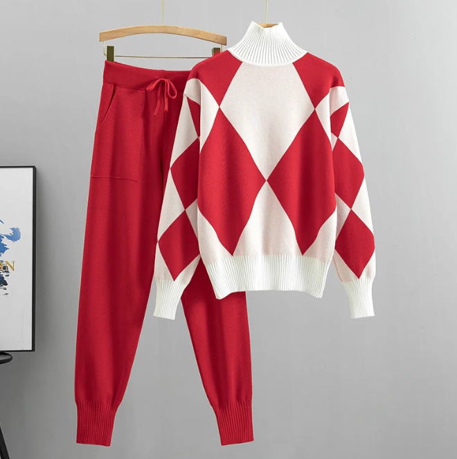 Pullover und Hosenset mit Diamantmuster für Frauen