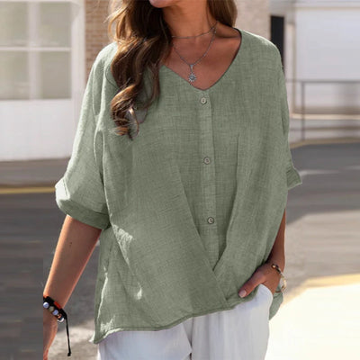 Auberte® | Stilvolle Damen-Leinenbluse mit V-Ausschnitt und Knopfleiste