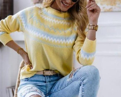 Gelber Zickzack-Strickpullover für Damen