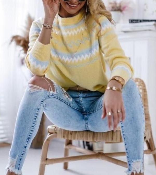 Gelber Zickzack-Strickpullover für Damen