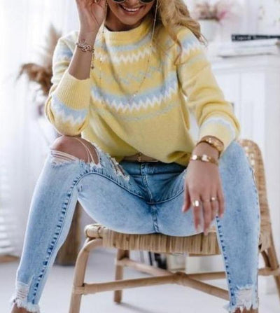 Gelber Zickzack-Strickpullover für Damen