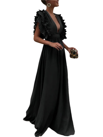 LuxeFlair Maxikleid mit tiefem V-Ausschnitt und Rüschensäumen