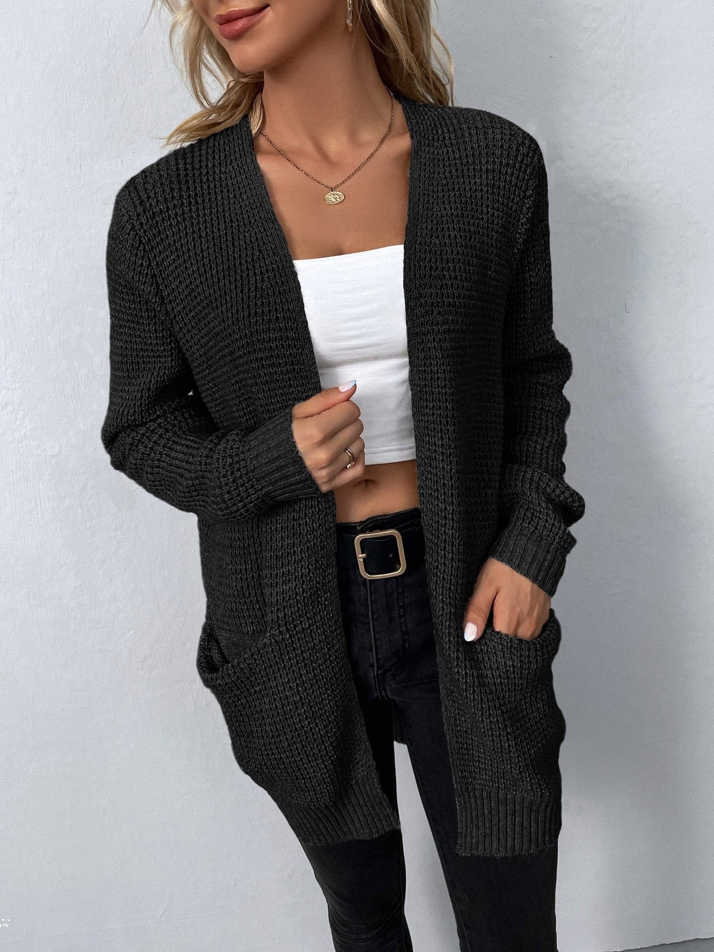 Lange Strickjacke mit Taschen für Frauen