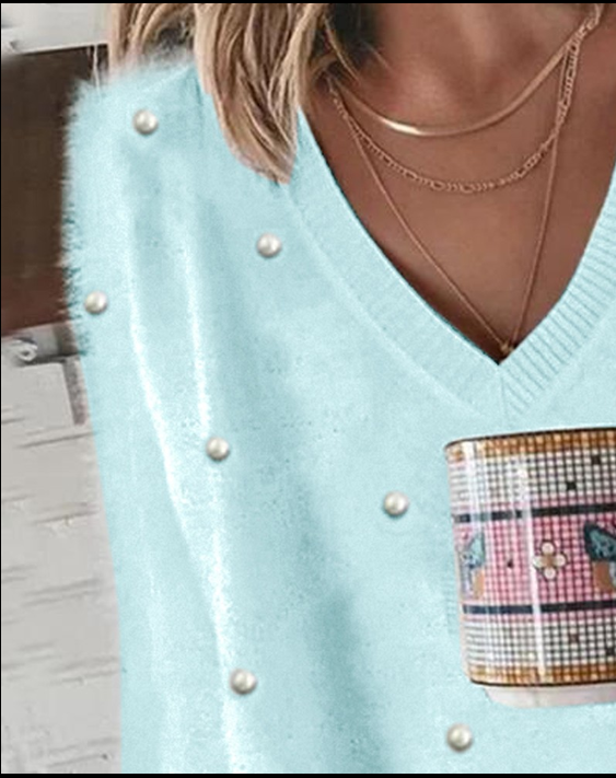 Flauschiges Langarmpullover mit Perlen für Damen