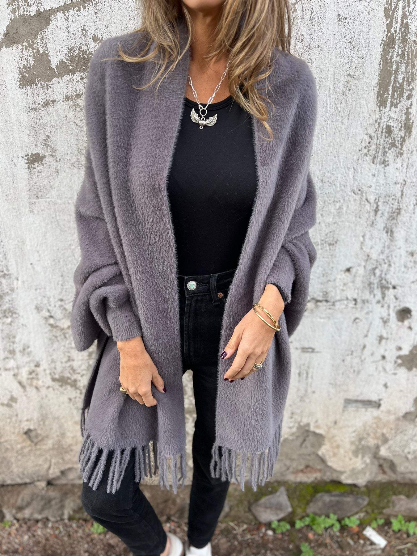 Lässige Fransenstrickjacke für Damen