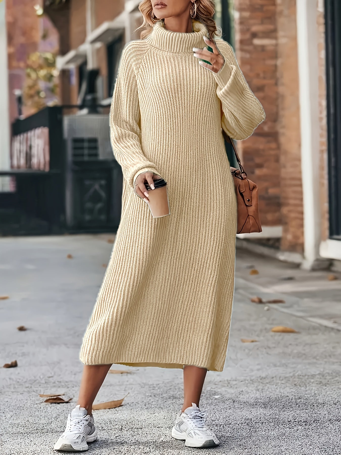 Damen Strickkleid Rollkragen | Langarm und Midi-Länge