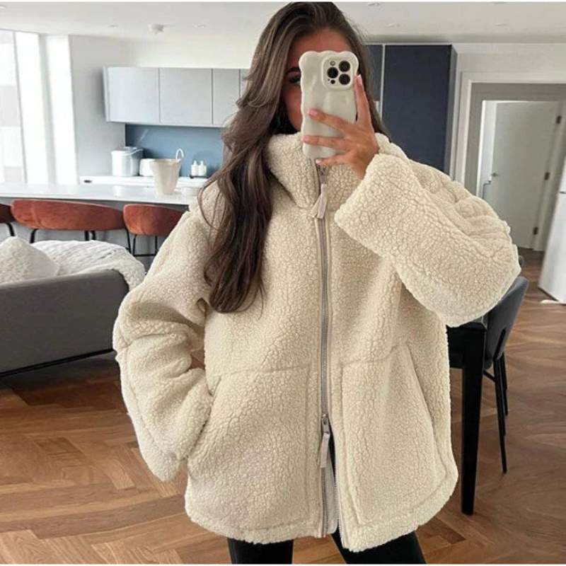 Teddy Damen Winterjacke Mit Reißverschluss | Kuschelige Übergangsjacke
