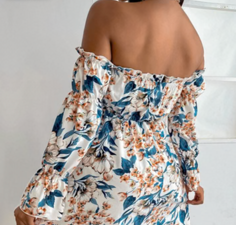 Sommerkleid für Damen – Schulterfreies Midikleid mit tropischem Muster