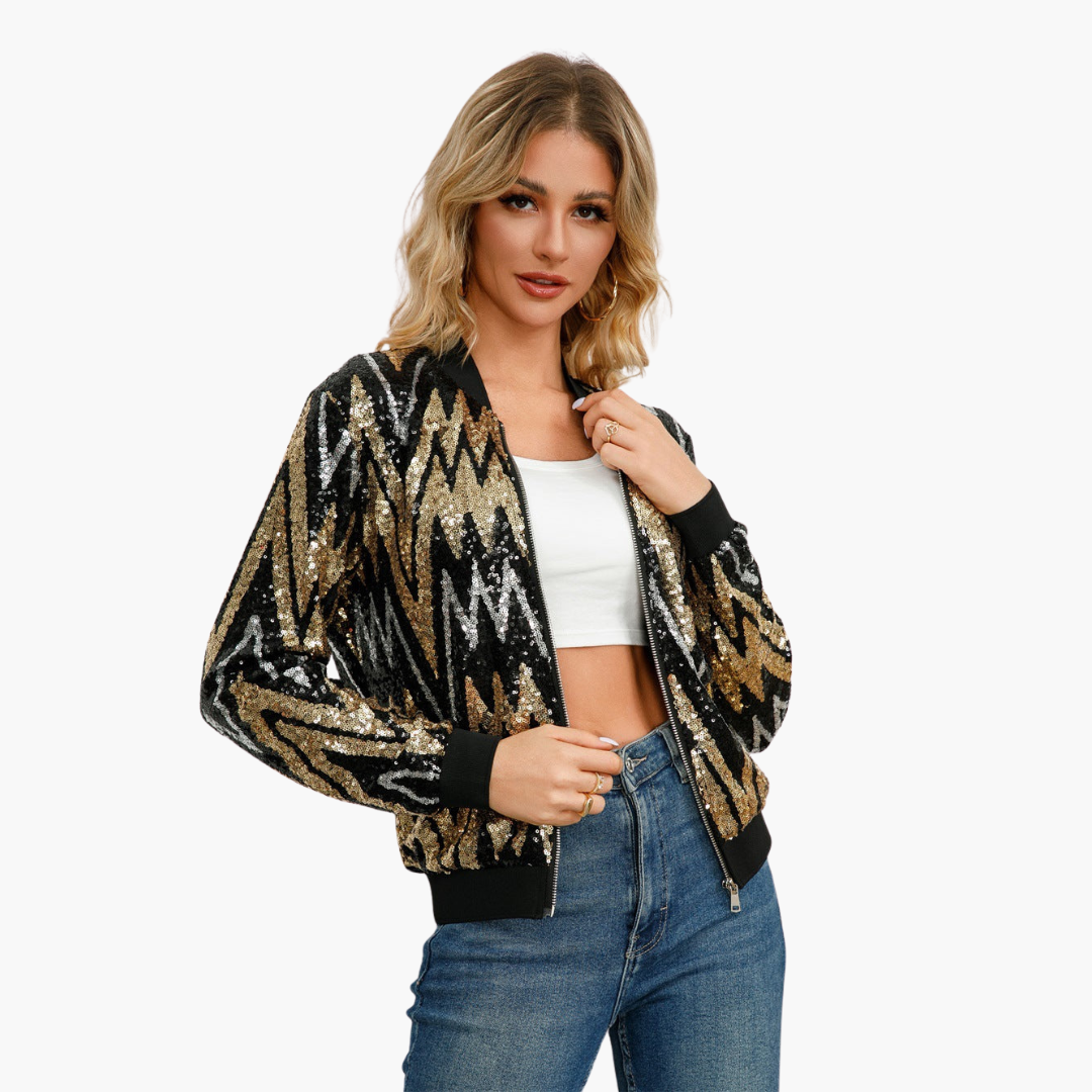 Damen Bomberjacke mit Reißverschluss und Paillettenoberfläche