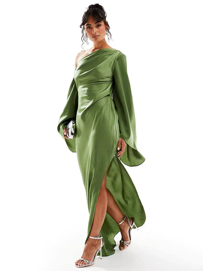 Asyntha™ | Maxikleid mit Glockenärmeln und einer Schulter