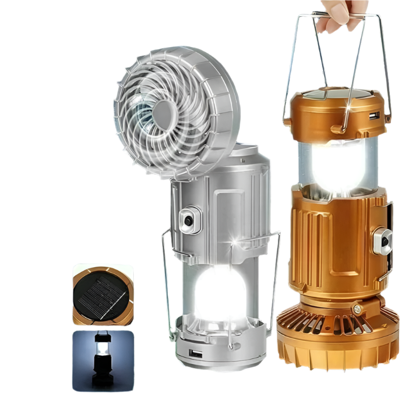 SolarBreeze LED Campinglaterne – Zusammenklappbares Licht mit Eingebautem Ventilator und USB-Wiederaufladbarem Strom