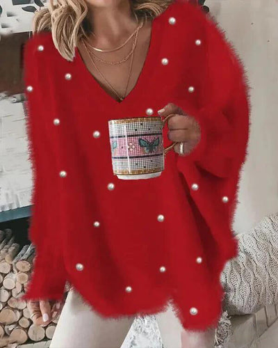 Flauschiges Langarmpullover mit Perlen für Damen