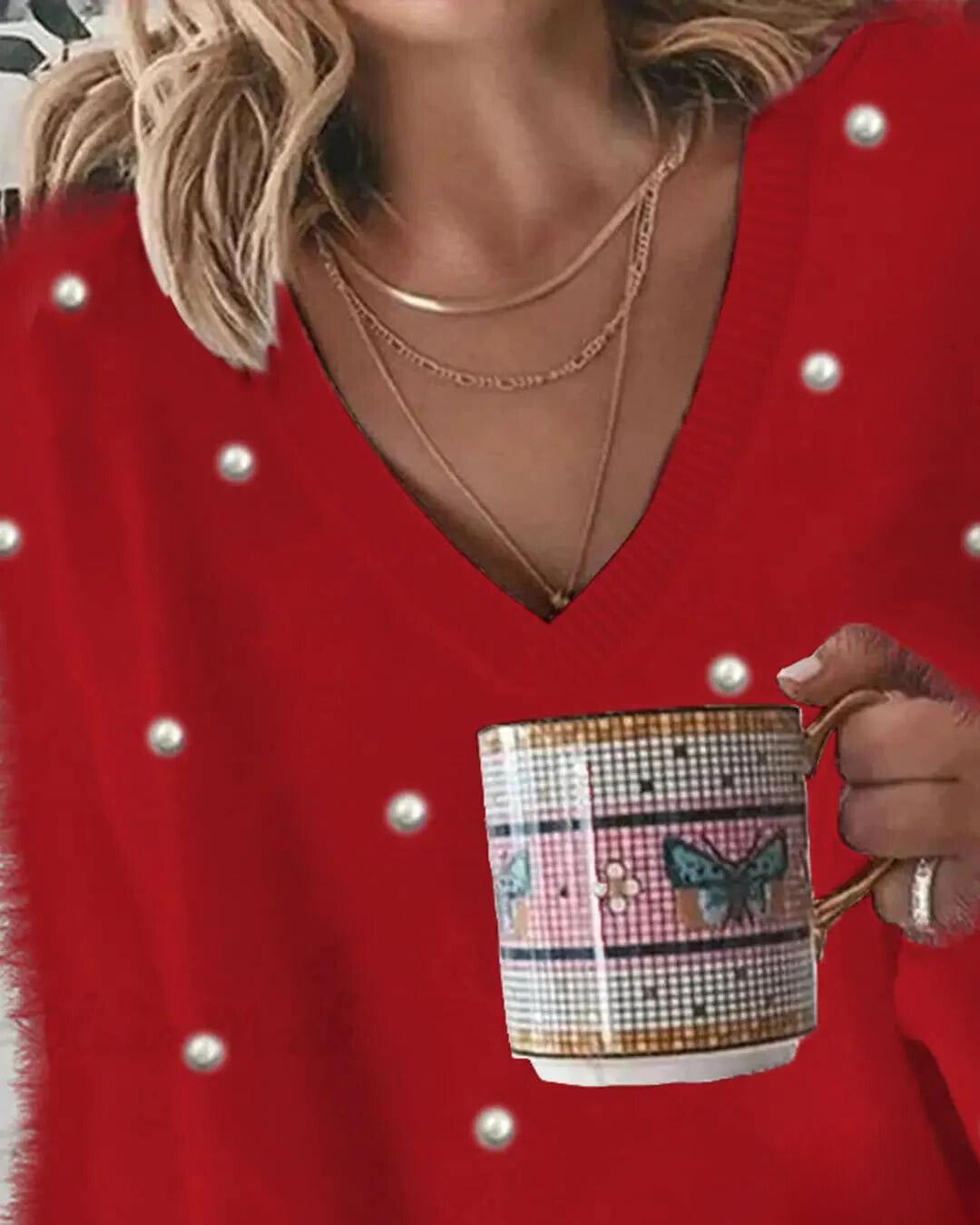 Flauschiges Langarmpullover mit Perlen für Damen