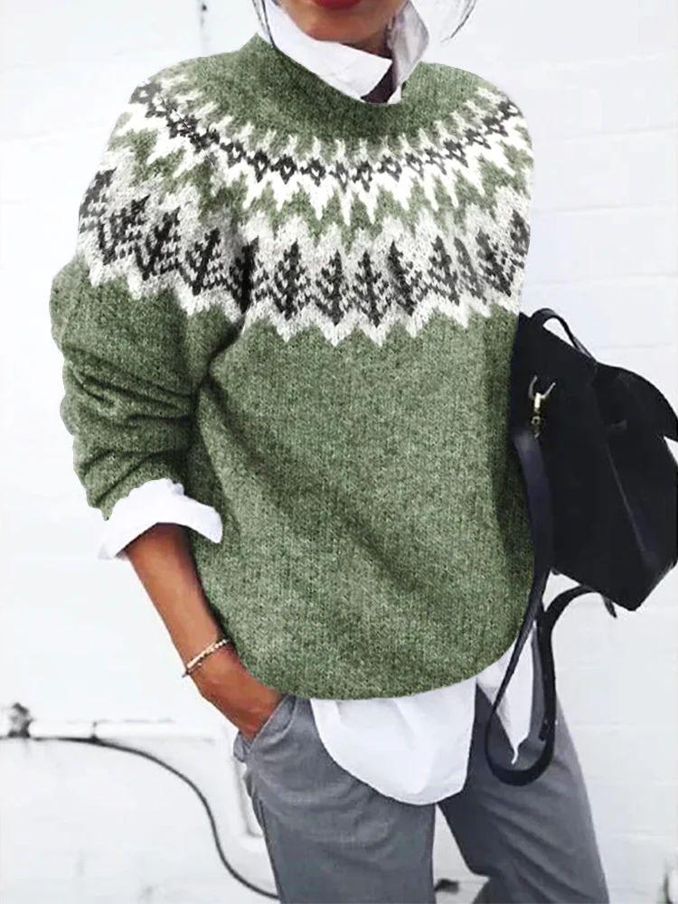 Grüner Fair Isle-Strickpullover für Damen