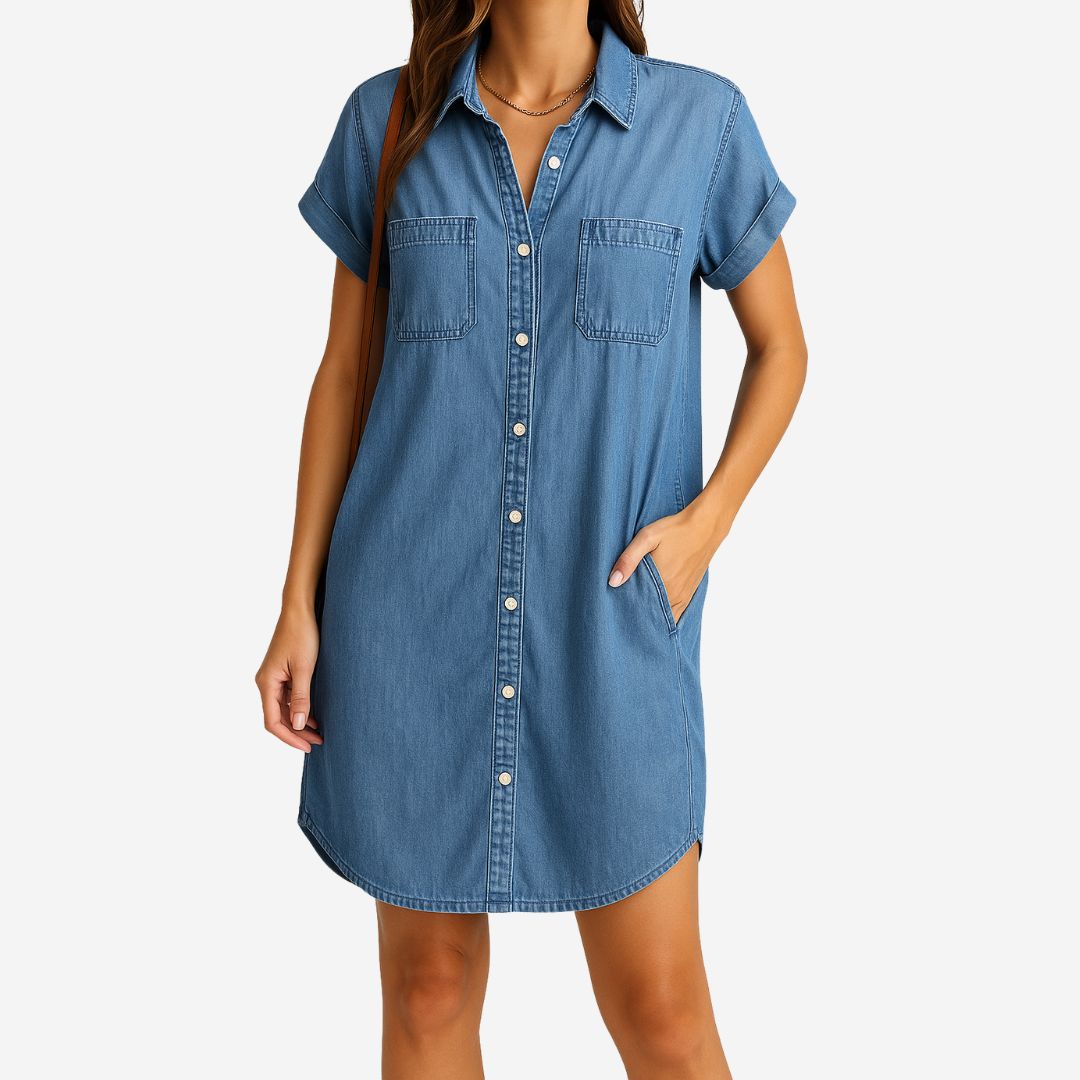 Damen Jeanskleid mit Knöpfen – Sommerliches Midi Kleid im Denim Look