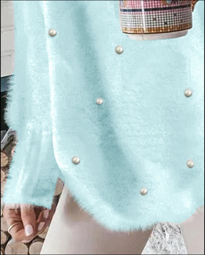 Flauschiges Langarmpullover mit Perlen für Damen