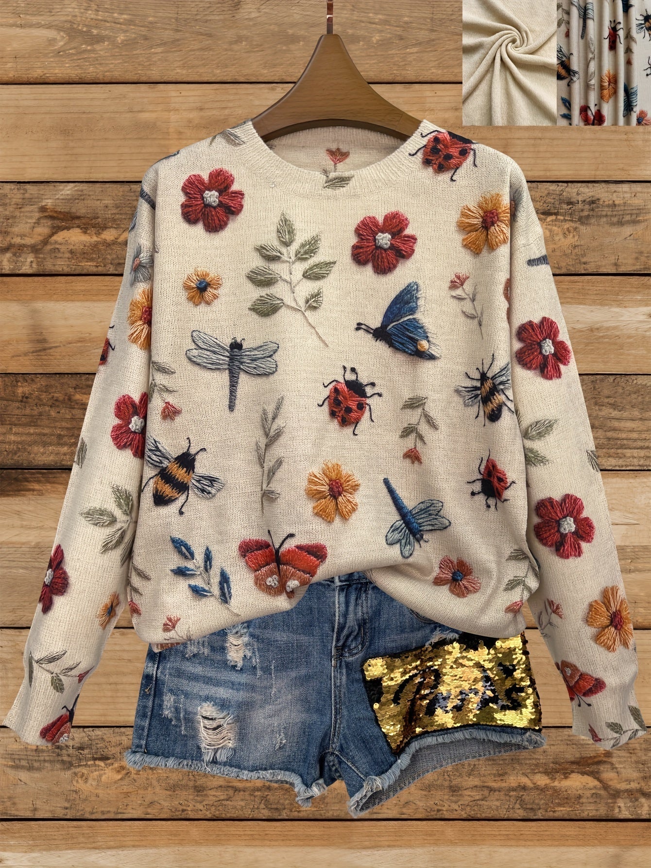 Pullover mit Blumen und Insektenstickerei für Damen