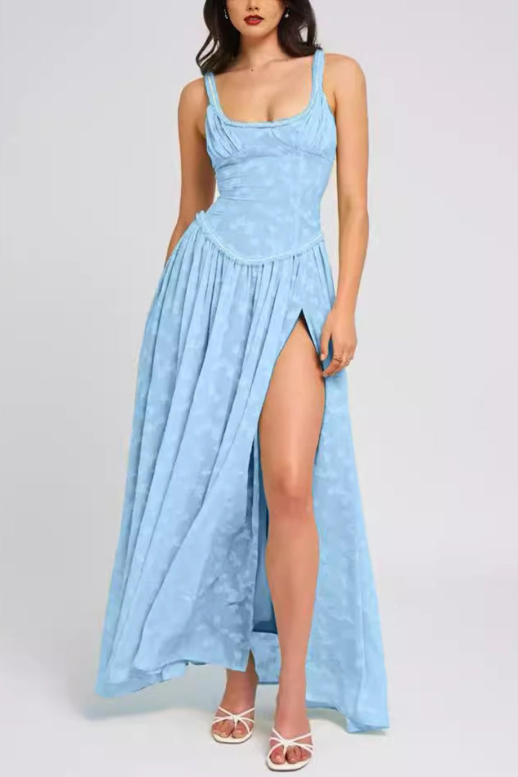 Ulissa – Weiches grünes Jacquard-Maxikleid mit hohem Schlitz und quadratischem Ausschnitt