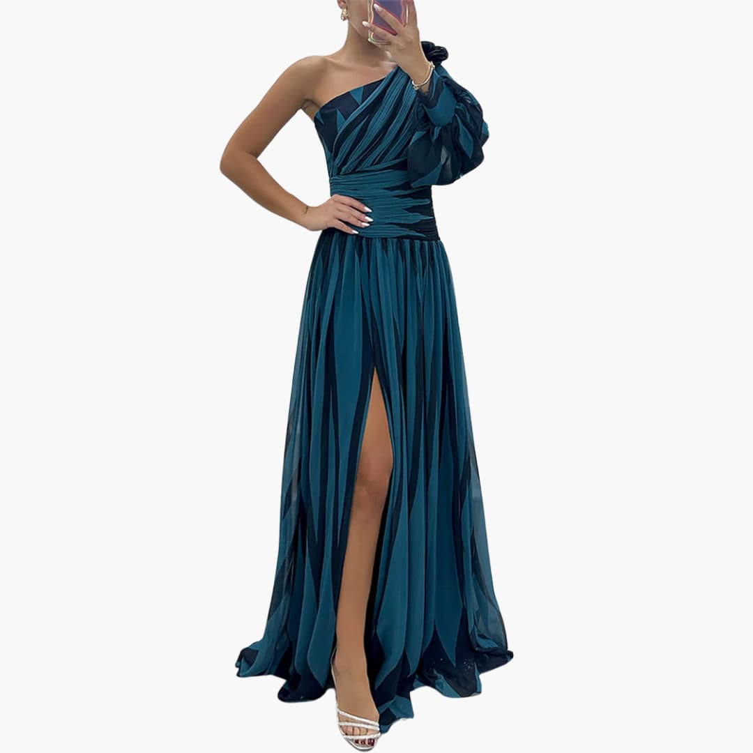Carla – Elegantes One-Shoulder Maxikleid Mit Streifen