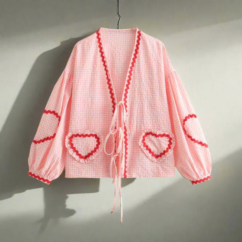 Gingham-Bluse mit Herz-Details | Weite Ärmel | Verspielter Charme