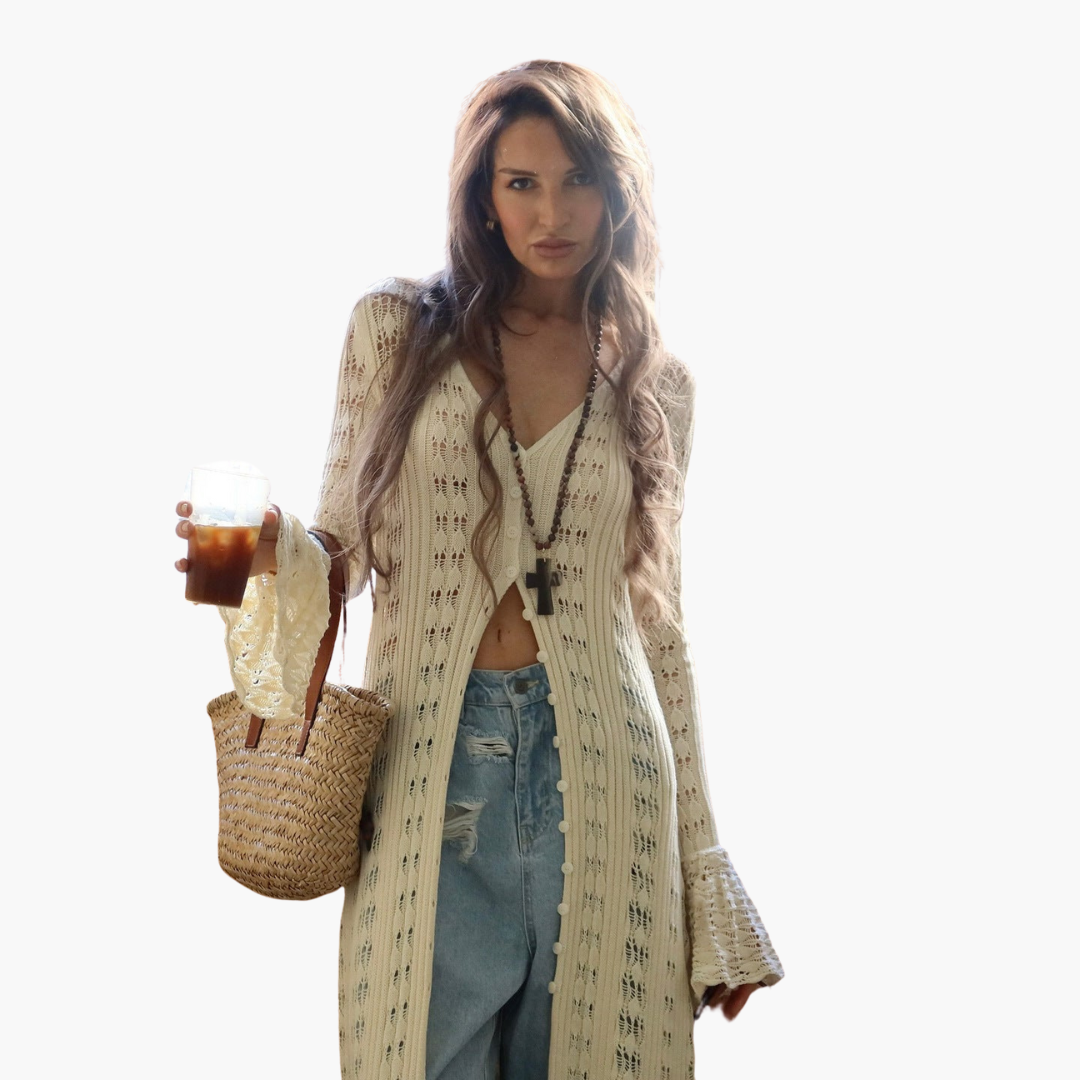 Damen Langer cardigan mit offener Front und ausgestellten Ärmeln