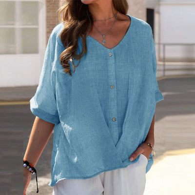 Auberte® | Stilvolle Damen-Leinenbluse mit V-Ausschnitt und Knopfleiste
