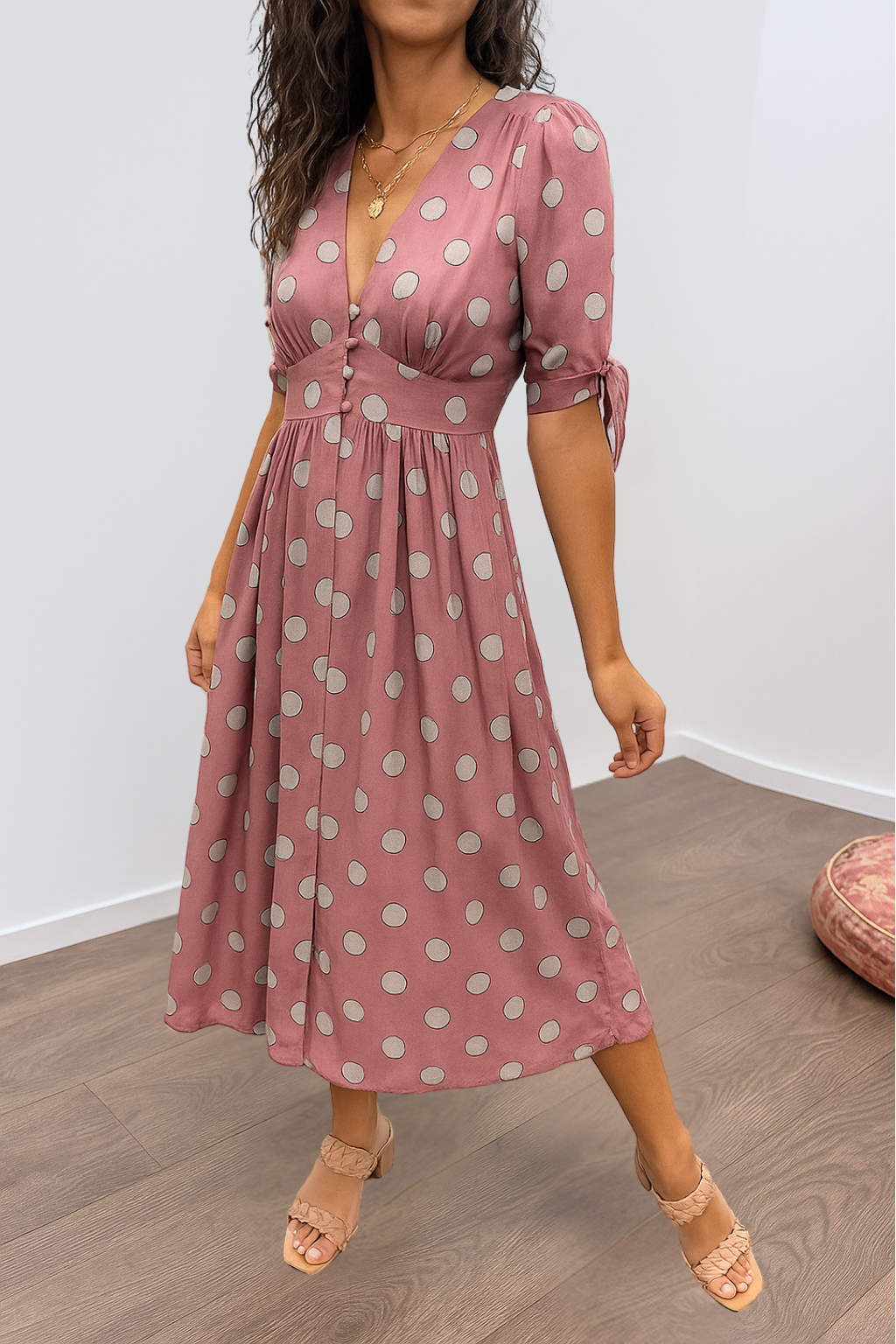 Aleksandra - Elegant Polka Dot Dress with V-neck
