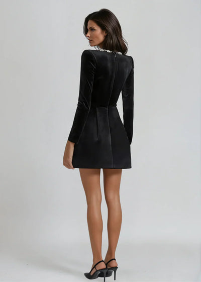 Elegantes Samtkleid | Verzierter Ausschnitt & lange Ärmel | Femininer Chic