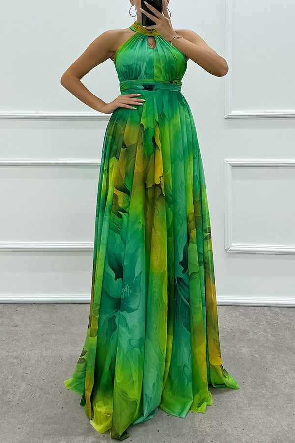 Elaine - Tüll-Maxikleid mit Blumenprint, Cut-Outs und Halterneck