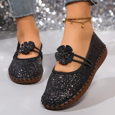 Glitzer-Ballerinas mit Blume | Elastikriemen | Funkelnd & Verspielt