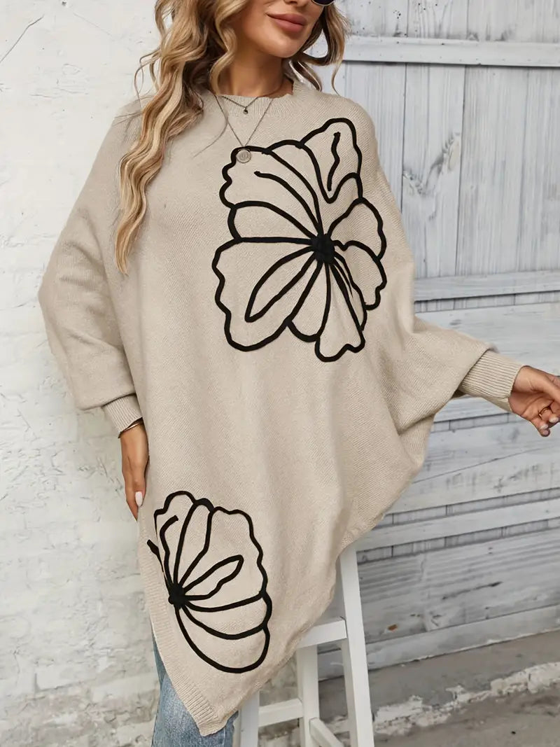 Pullover mit Blumenmotiv | Lockere Passform | Asymmetrischer Schnitt